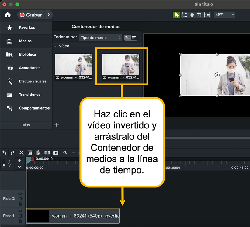 Paso 3 para invertir un vídeo con Camtasia