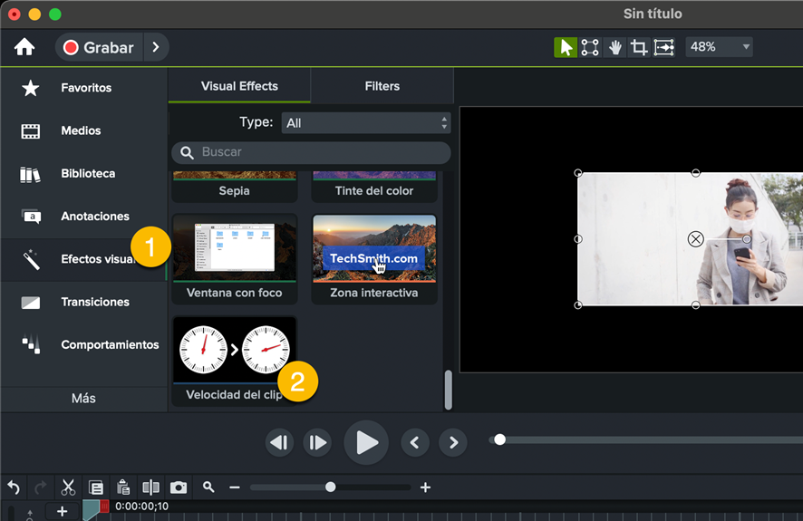 Paso 4 con Camtasia para invertir un vídeo