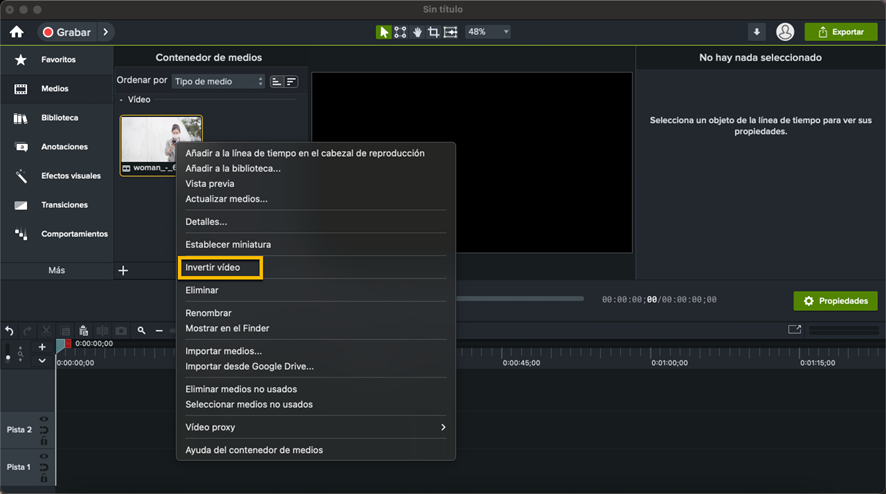 Paso 2 para un vídeo en reversa con Camtasia