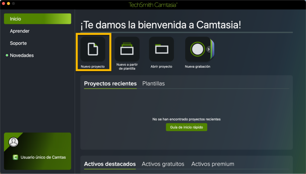 Abrir un nuevo proyecto en Camtasia