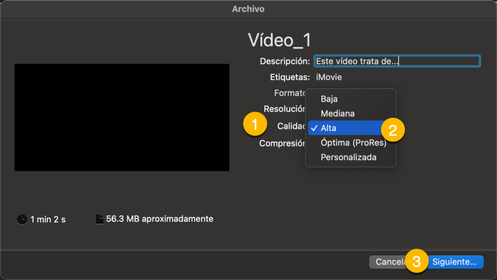 iMovie : exportar video y elegir la resolucion