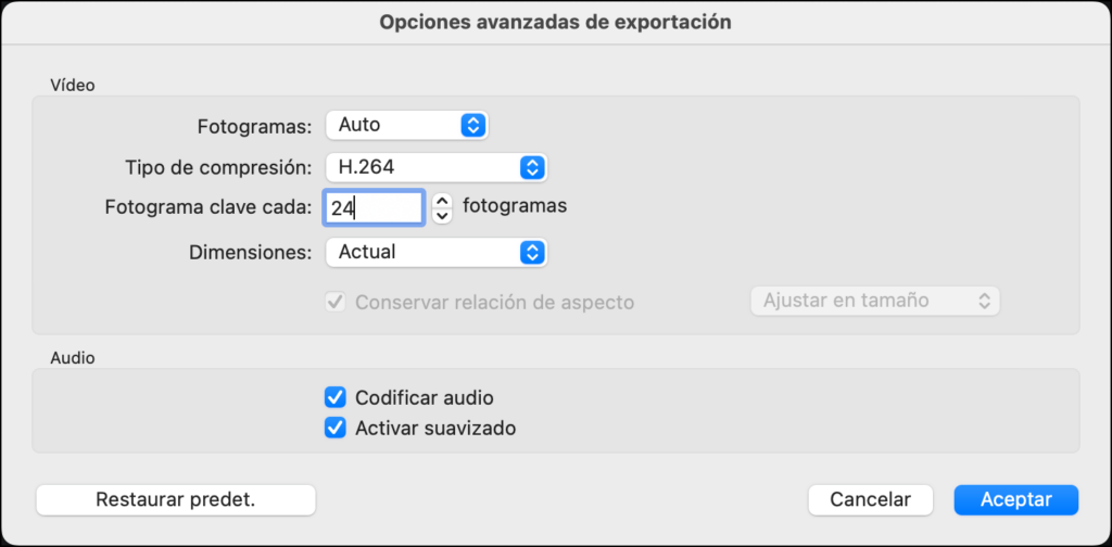 Parametros de exportacion para comprimir video con Camtasia en Mac