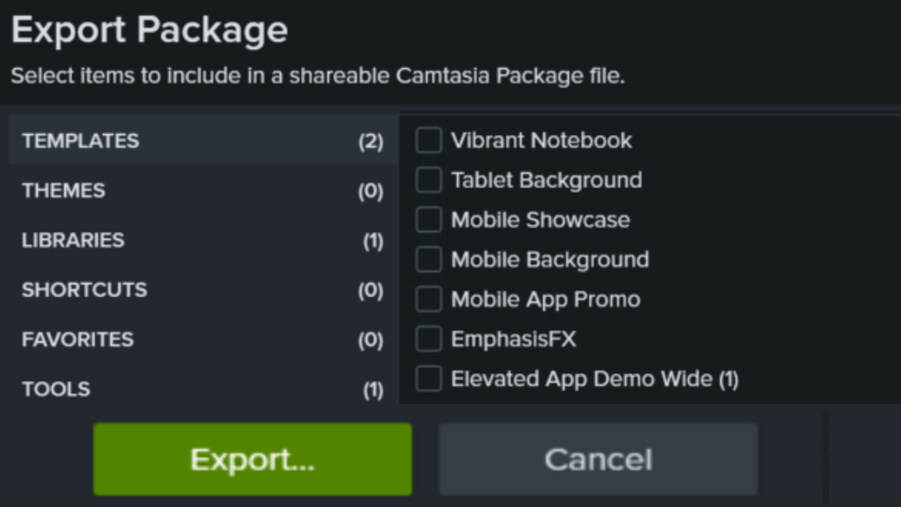 Empaquetar y compartir recursos de Camtasia Editor