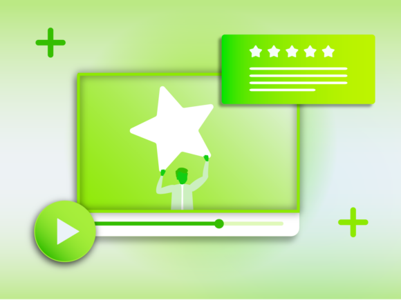 Green graphic showing a video player with a star rating and a figure holding a star.