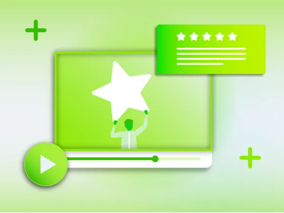 Green graphic showing a video player with a star rating and a figure holding a star.