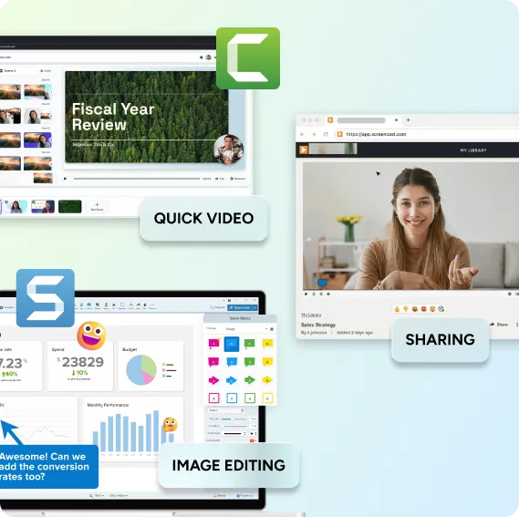 Software with three core functions: Quick Video creation (showing a video editing interface with Camtasia logo), Image Editing (displaying a data dashboard with a Snagit logo), and Sharing (showing a hosted video presentation).