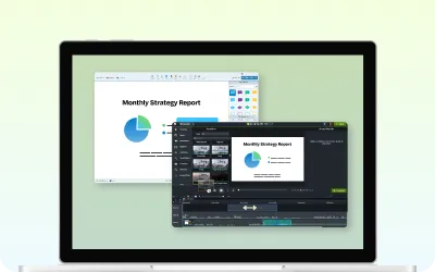 el menú de Windows con los iconos de Camtasia y Audiate junto a la barra de búsqueda y el icono de Windows